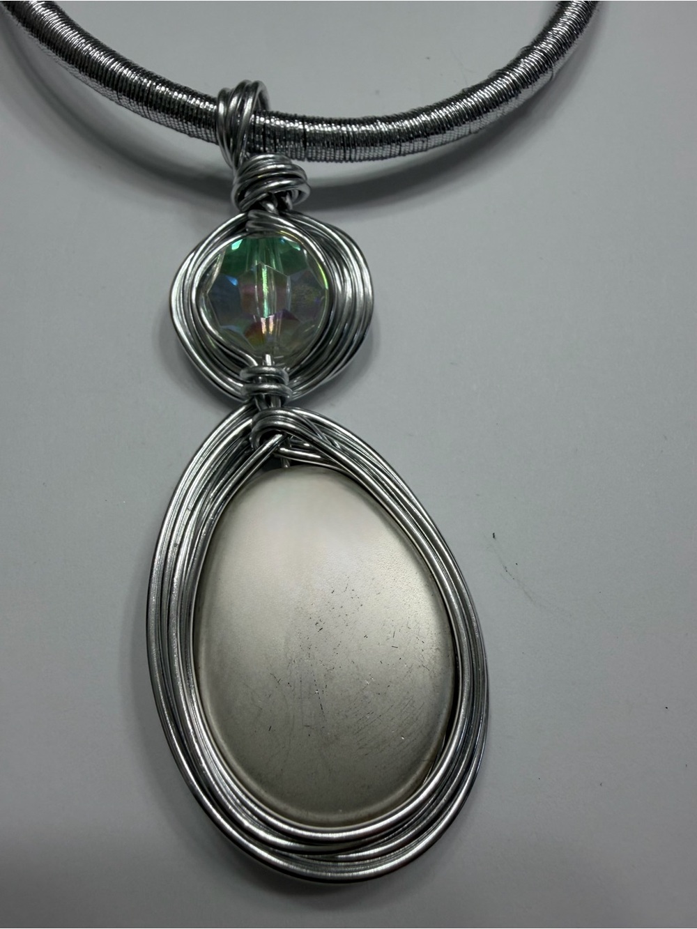 Silver-Tone Wire Wrapped Pendant Necklace with Iridescent Crystal Accent